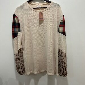 Grace & Emma Womens 2XL Long Sleeve Top Plaid Leopard Print Waffle Knit